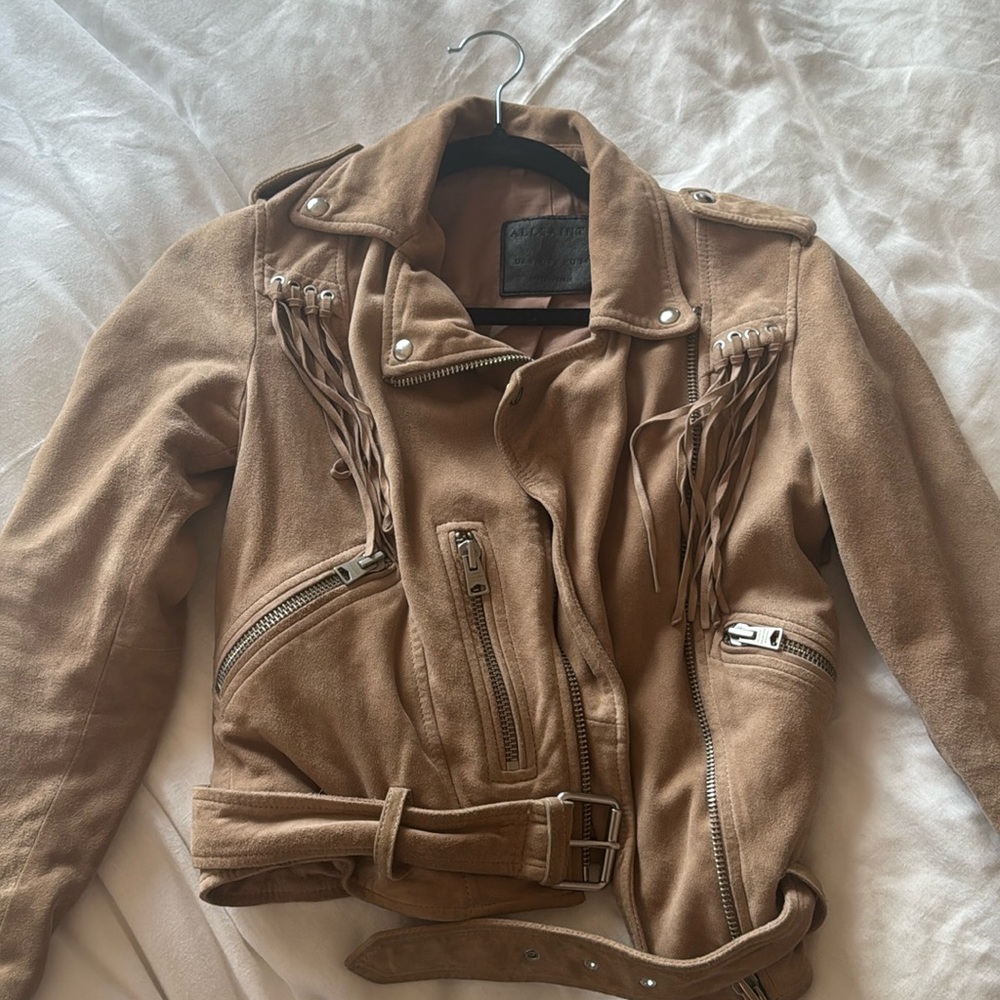All saints suede taupe jacket with fringe